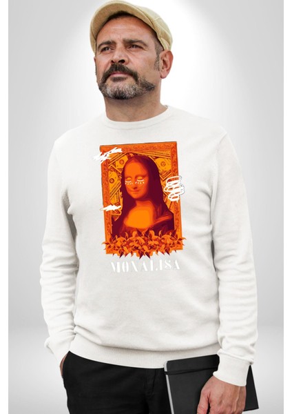 Yeni Nesil Monalisa Erkek Kadın Unisex Dijital Baskılı Beyaz Sweatshirt