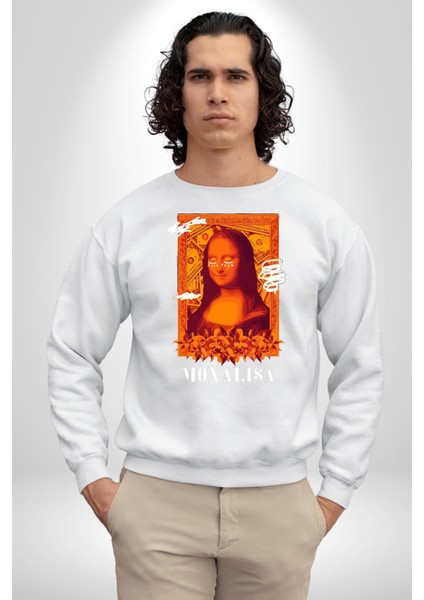Yeni Nesil Monalisa Erkek Kadın Unisex Dijital Baskılı Beyaz Sweatshirt