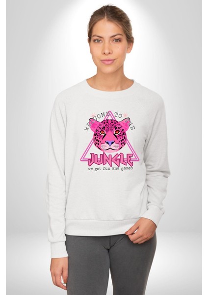 Neon Jungle Leopar Tasarım Erkek Kadın Unisex Dijital Baskılı Beyaz Sweatshirt fiyatları