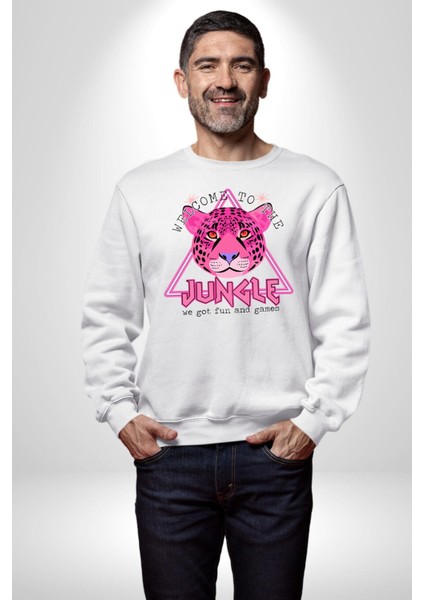 Neon Jungle Leopar Tasarım Erkek Kadın Unisex Dijital Baskılı Beyaz Sweatshirt modelleri