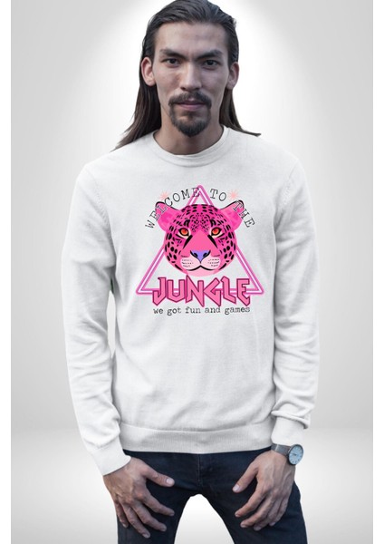 Neon Jungle Leopar Tasarım Erkek Kadın Unisex Dijital Baskılı Beyaz Sweatshirt fırsatları