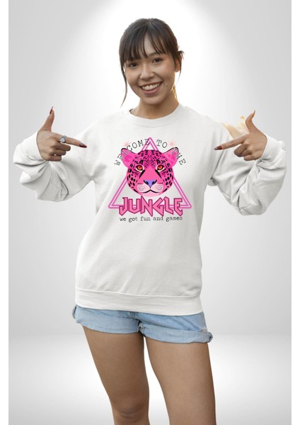 Neon Jungle Leopar Tasarım Erkek Kadın Unisex Dijital Baskılı Beyaz Sweatshirt indirimleri