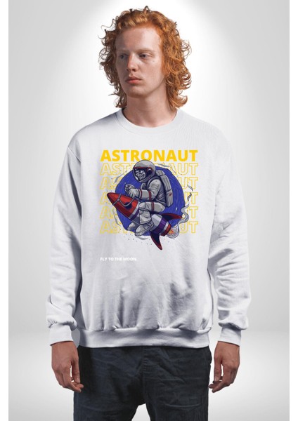 Roket Ata Binen Astronot Erkek Kadın Unisex Dijital Baskılı Beyaz Sweatshirt