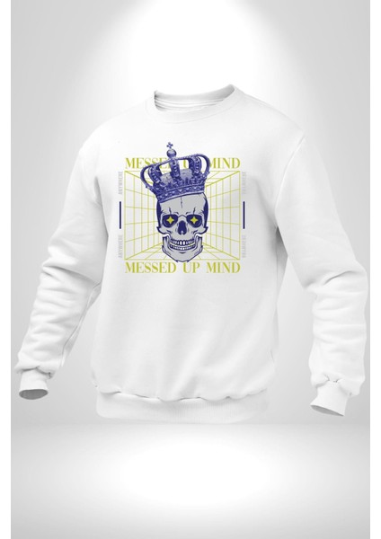 Adil Zihin Karışın Zihin Kral Iskelet Erkek Kadın Unisex Dijital Baskılı Beyaz Sweatshirt