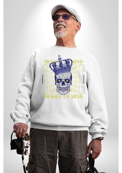 Adil Zihin Karışın Zihin Kral Iskelet Erkek Kadın Unisex Dijital Baskılı Beyaz Sweatshirt