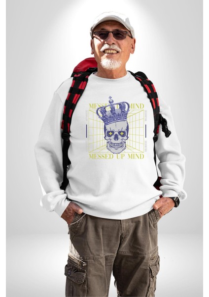 Adil Zihin Karışın Zihin Kral Iskelet Erkek Kadın Unisex Dijital Baskılı Beyaz Sweatshirt