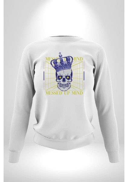 Adil Zihin Karışın Zihin Kral Iskelet Erkek Kadın Unisex Dijital Baskılı Beyaz Sweatshirt