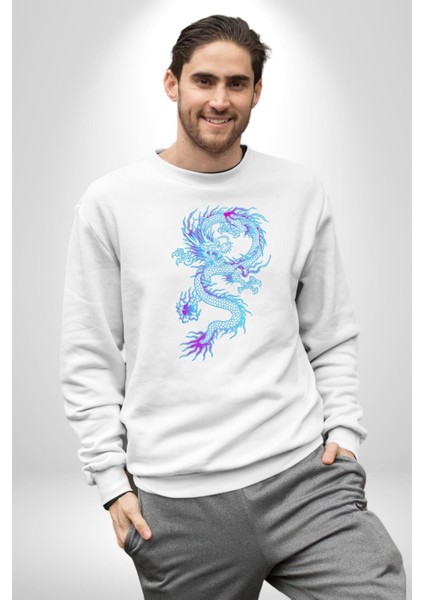 Çin Sitili Ejderha Bereket Tanrısı Erkek Kadın Unisex Dijital Baskılı Beyaz Sweatshirt