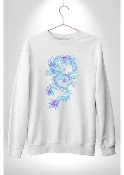 Çin Sitili Ejderha Bereket Tanrısı Erkek Kadın Unisex Dijital Baskılı Beyaz Sweatshirt