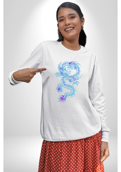 Çin Sitili Ejderha Bereket Tanrısı Erkek Kadın Unisex Dijital Baskılı Beyaz Sweatshirt