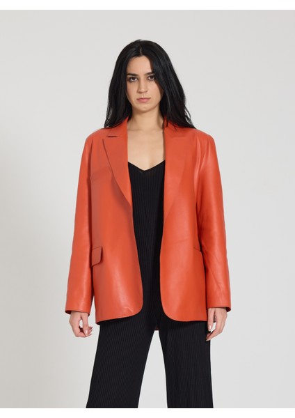 Kadın Turuncu Blazer Deri Ceket