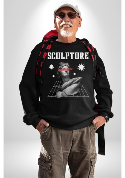 Michelagelo Modern Apollo Heykel Sokak Style Erkek Kadın Unisex Dijital Baskılı Siyah Sweatshirt