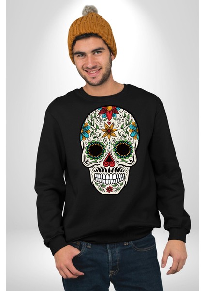 Dia De Los Muertos Erkek Kadın Unisex Dijital Baskılı Siyah Sweatshirt