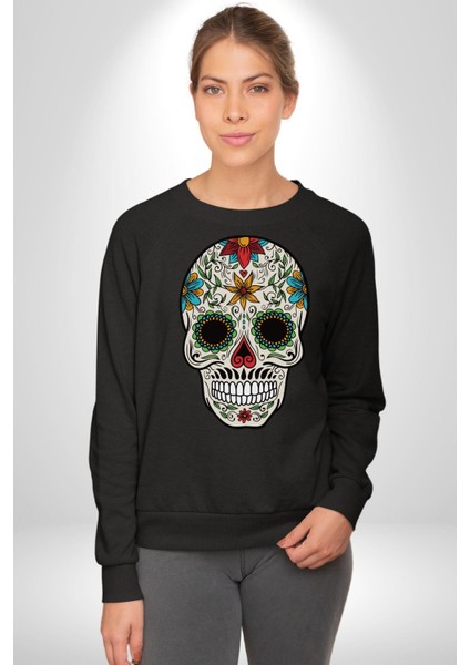 Dia De Los Muertos Erkek Kadın Unisex Dijital Baskılı Siyah Sweatshirt