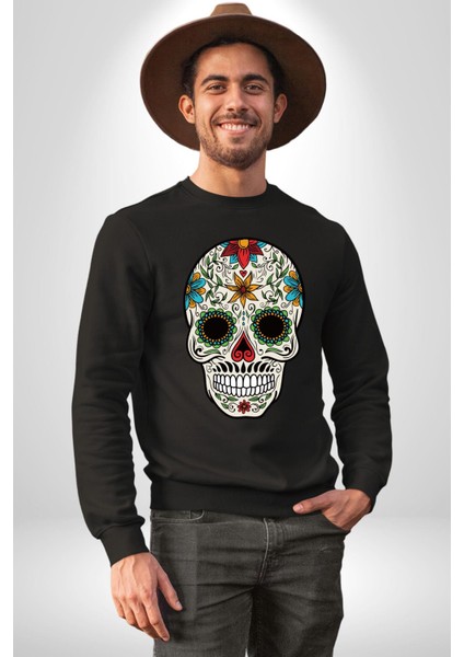 Dia De Los Muertos Erkek Kadın Unisex Dijital Baskılı Siyah Sweatshirt