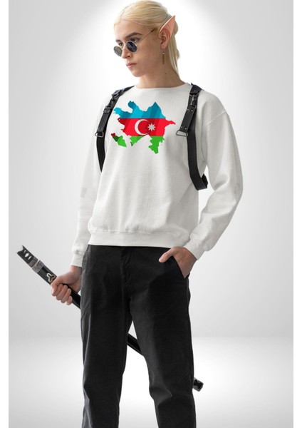 Azerbaycan Haritası Bayrak Tasarımı Erkek Kadın Unisex Dijital Baskılı Beyaz Sweatshirt