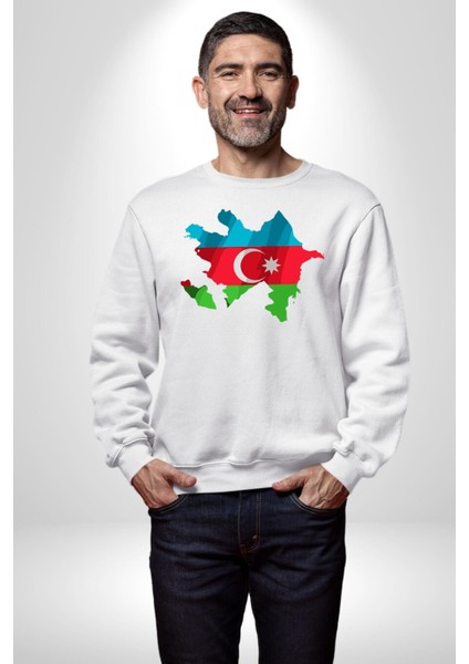 Azerbaycan Haritası Bayrak Tasarımı Erkek Kadın Unisex Dijital Baskılı Beyaz Sweatshirt