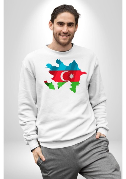 Azerbaycan Haritası Bayrak Tasarımı Erkek Kadın Unisex Dijital Baskılı Beyaz Sweatshirt