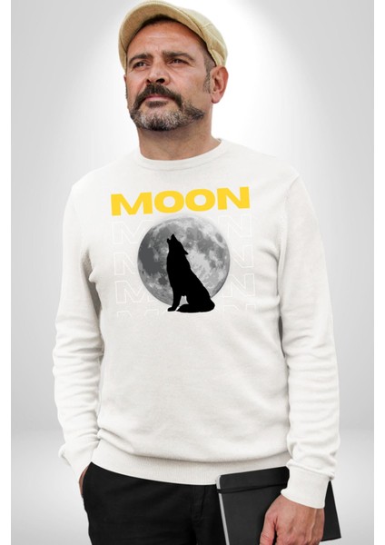 Ay Dolunay Uluyan Kurt Erkek Kadın Unisex Dijital Baskılı Beyaz Sweatshirt fiyatları