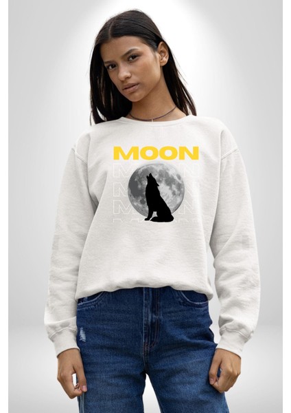 Ay Dolunay Uluyan Kurt Erkek Kadın Unisex Dijital Baskılı Beyaz Sweatshirt modelleri