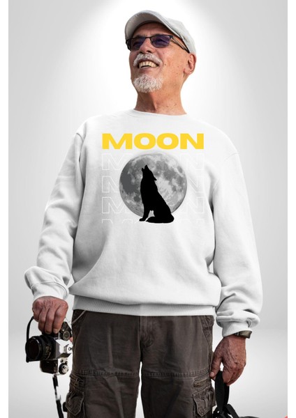 Ay Dolunay Uluyan Kurt Erkek Kadın Unisex Dijital Baskılı Beyaz Sweatshirt indirimleri