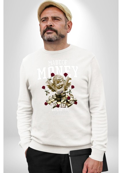 Aşk Meleği Para Kazandım Hayat Tavsiyesi Erkek Kadın Unisex Dijital Baskılı Beyaz Sweatshirt