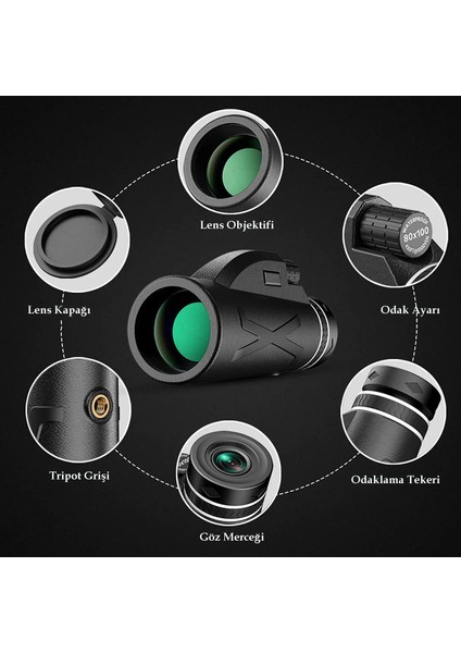 80X100 Yüksek Çözünürlüklü Dürbün Ultra Zoom Tek Göz Monoküler Teleskop Telefon Tutucu Taşıma Çantalı Tripotlu