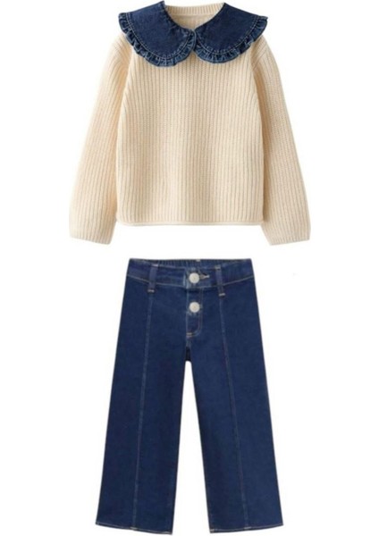 Triko Kot Yaka (2-10 Yaş) Kız Çocuk 2 li takım - Krem