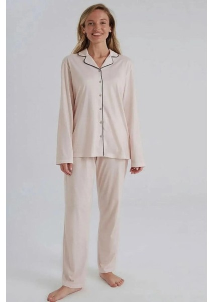 Kadın Düğmeli Pijama Takım, Uzunkollu Gömlek Pijama Takım, Kutuludur