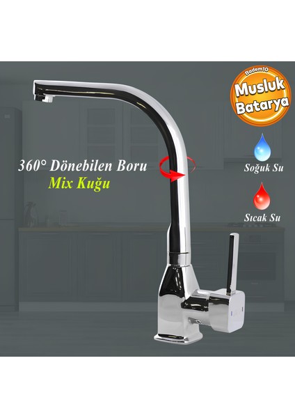 Jetta Uzun Kuğu Batarya Krom Lavabo Banyo Mutfak Musluğu Mermer Tezgah Üstü Çift Su Giriş Evye