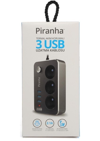 Akım Korumalı Uzatma Kablosu 3'lü Priz 3 Usb'li - Beyaz