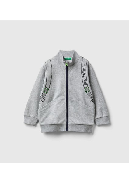 Erkek Çocuk Gri Melanj Sırt Çantası Baskılı Fermuarlı Dik Yaka Sweatshirt 5038