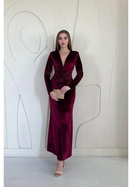 Önü Yırtmaçlı Güllü Elbise Bordo