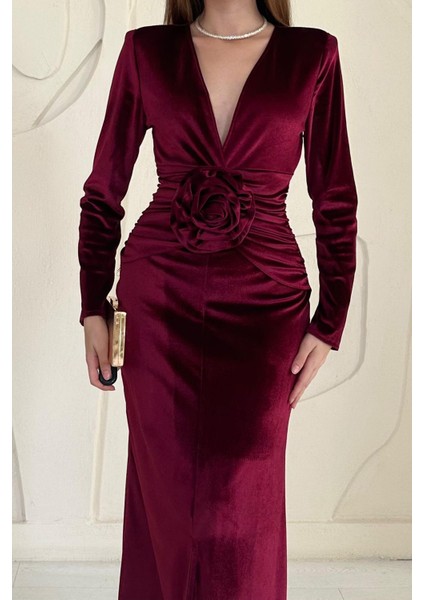 Önü Yırtmaçlı Güllü Elbise Bordo fiyatları