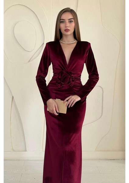 Önü Yırtmaçlı Güllü Elbise Bordo modelleri