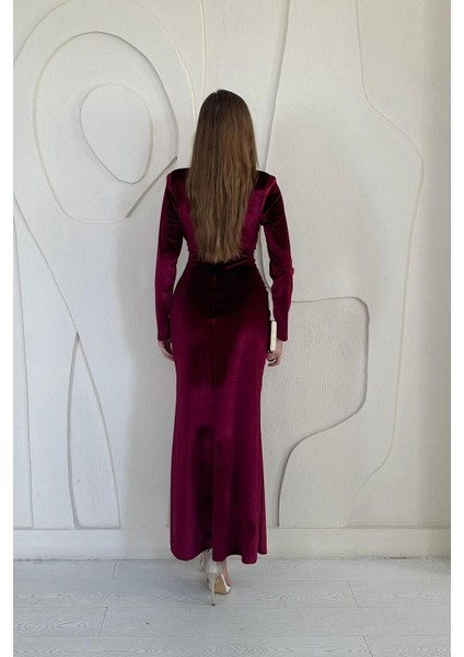 Önü Yırtmaçlı Güllü Elbise Bordo fırsatları