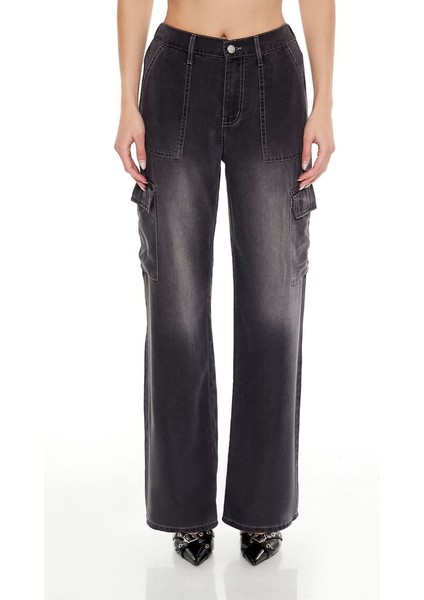 F21 Taş Yıkama Wide-Leg Kargo Jean Pantolon