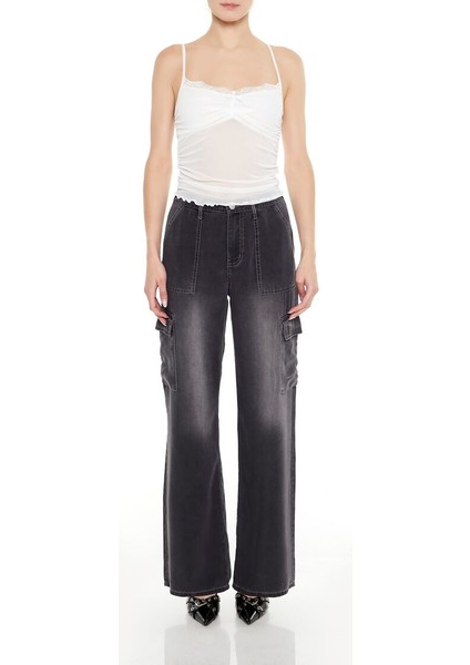 F21 Taş Yıkama Wide-Leg Kargo Jean Pantolon