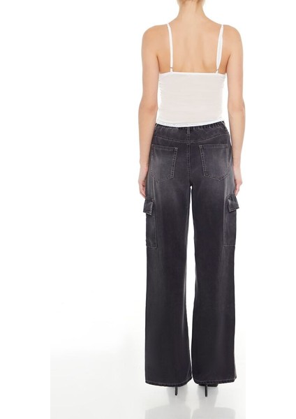 F21 Taş Yıkama Wide-Leg Kargo Jean Pantolon