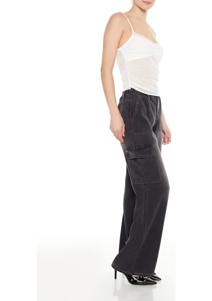 F21 Taş Yıkama Wide-Leg Kargo Jean Pantolon