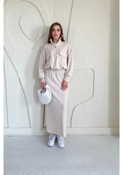 Biyeli Sweatshirt ve Etek Takım