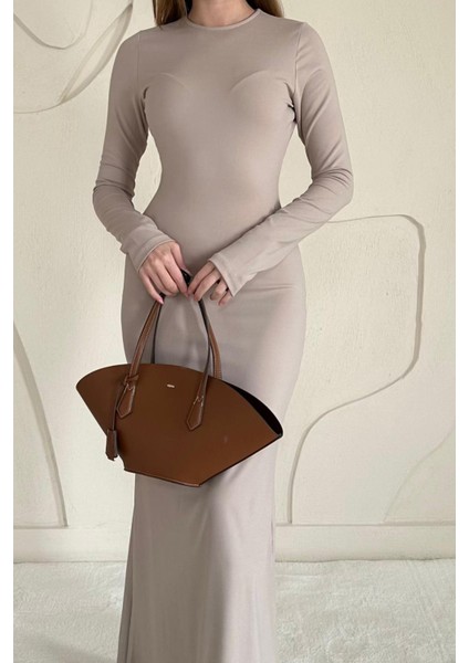 Bej Basic Kadın Midi Elbise Bej