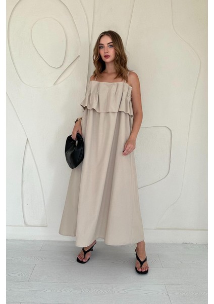 Spagetti Yaka Önü Pileleli Elbise