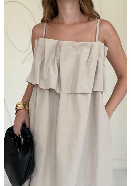 Spagetti Yaka Önü Pileleli Elbise modelleri