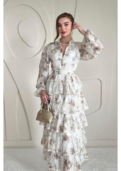 Volanlı Şeritli Kat Kat Elbise