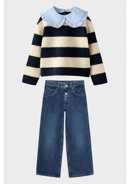 Çizgili Triko Kot Yaka (2-10 Yaş) Kız Çocuk 2 li takım - Siyahkrem