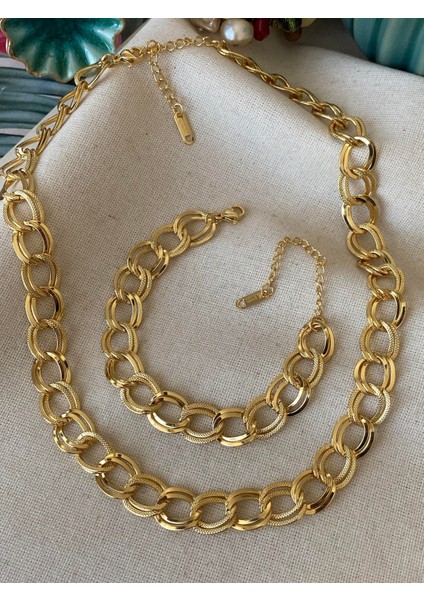 Altın Renk Samanyolu Kolye & Bileklik Set Vip Solmaz Kararmaz Çelik Set - 3136