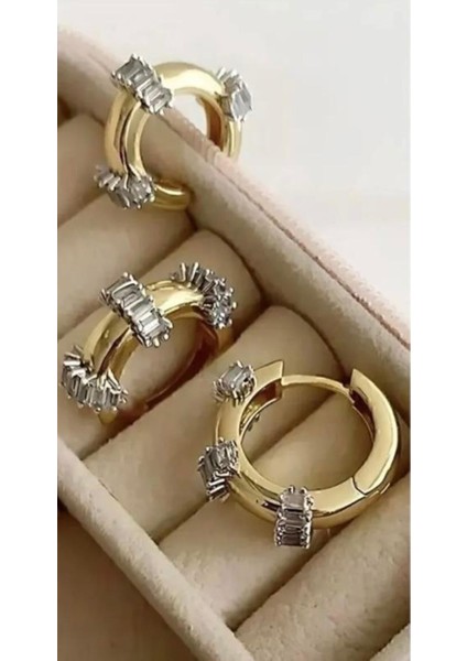 Altın Renk Mers Baget Taşlı Halka Küpe Çelik Küpe - 3173