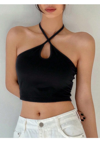 Kadın Halter Yaka Siyah Renk Bağlamalı Crop Top Bluz