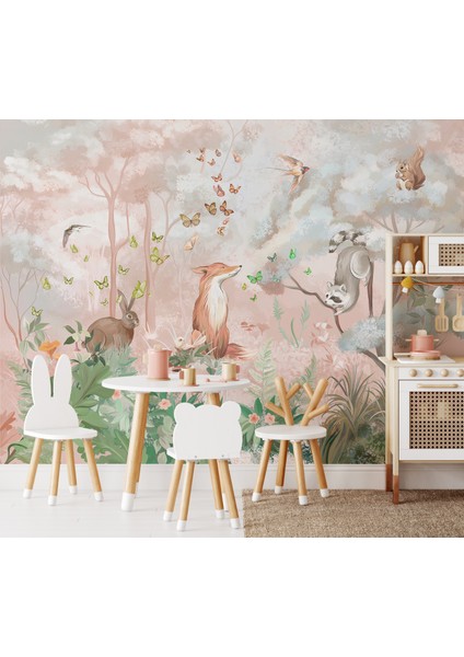 Pembe Orman ve Safari Hayvanlar Çocuk Odası Duvar Kağıdı